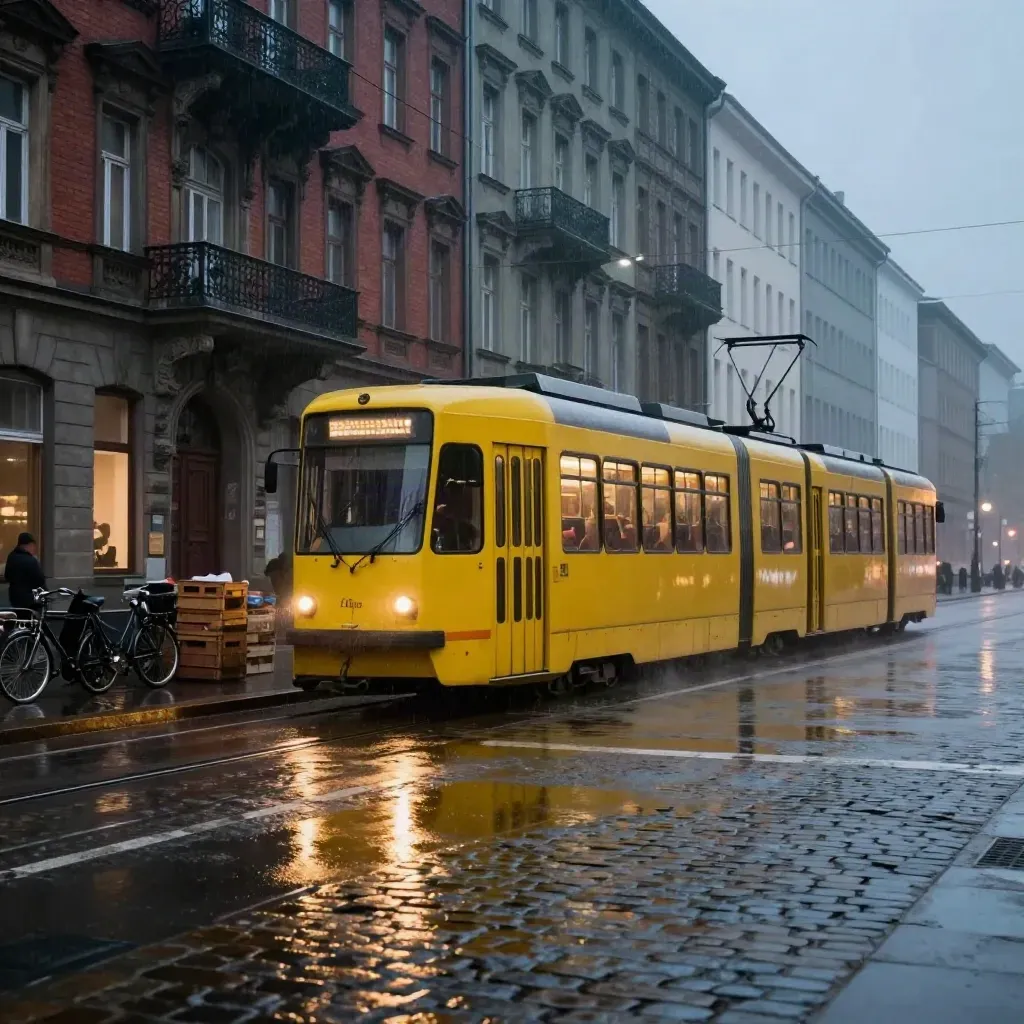 Gelbe Straßenbahn an nasser Altbau-Kreuzung bei Regen, Fahrräder und Marktstapel im Dämmerlicht.