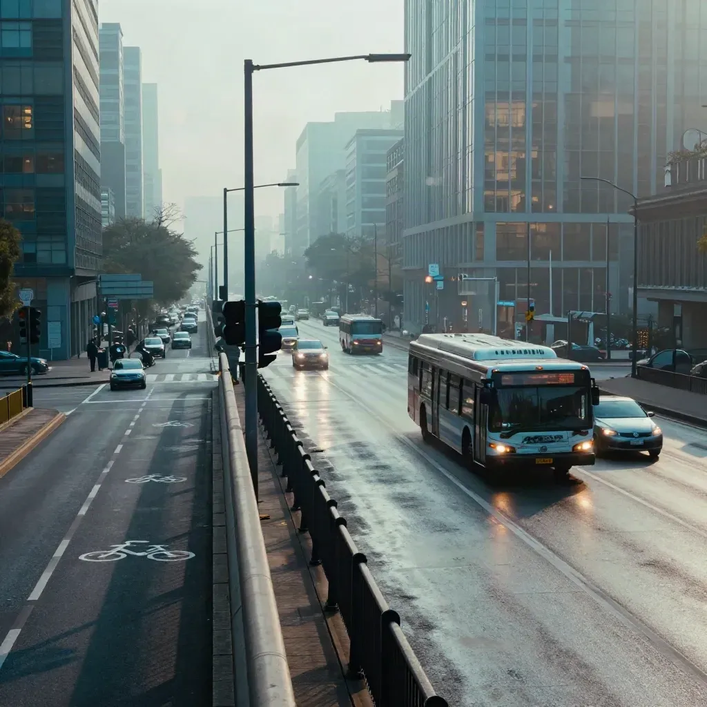 Morgendliche Kreuzung mit Bussen, Radspur und nassem Asphalt im blauen Dunst.